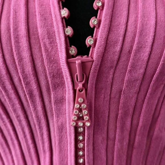 Belldini Sexy Pink Rhinestone Crystal Zipper Mock Neck Collared Shirt Medium M - Picture 2 of 6